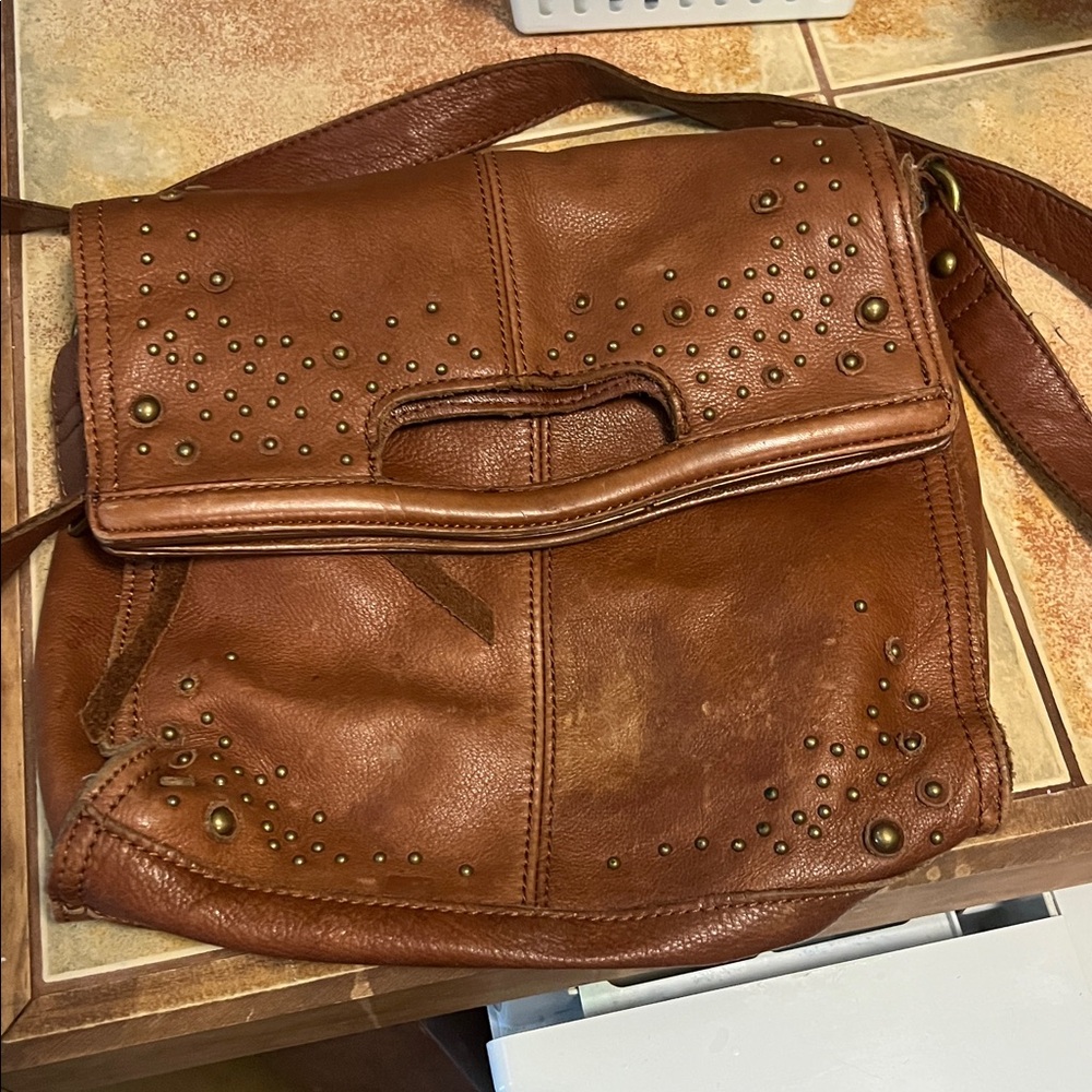 Lucky Brand Leather Tan Foldover Messenger Bag